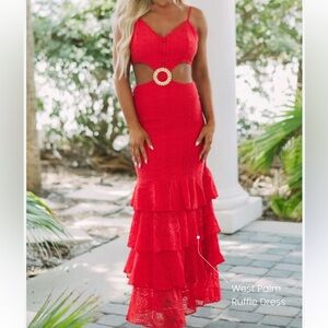 RED LACE MAXI CUTOUT DRESS
